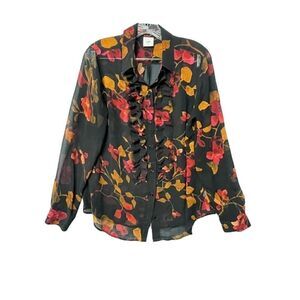 CAbi Catherine Ruffled Semi Sheer Blouse Black Red Floral Long Sleeves SZ M